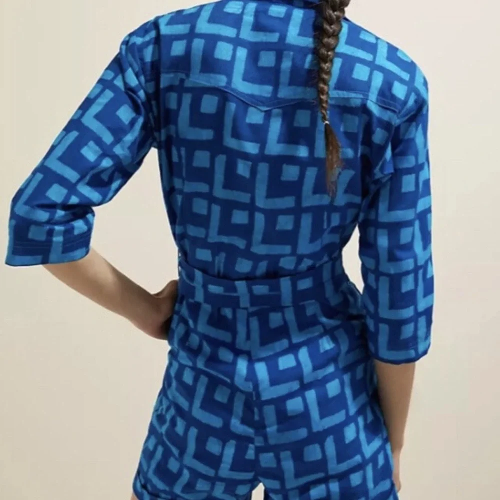 Sika x Anthropologie Blue Geometric Romper NWT Size 6 Belted‎ Cotton Ethical